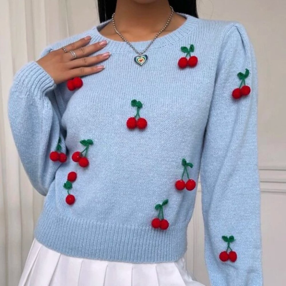 Lantern Sleeve Cherry detailed Knit Sweater Top - Picture 4 of 6